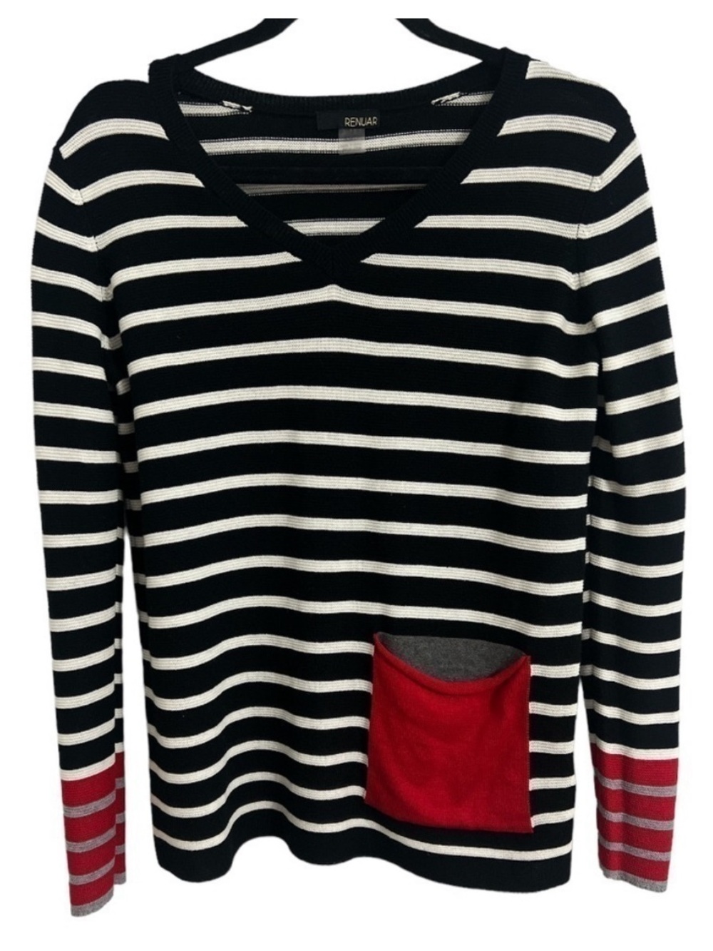 Renuar Striped Knit Sweater Black White Red Pocket V-Neck
